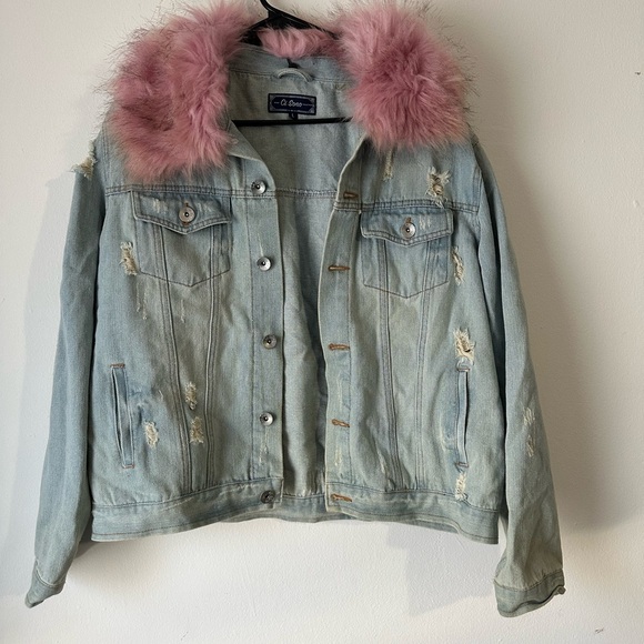 Ci Sono Jackets & Blazers - Distressed Denim Jacket with Pink Faux Fur Collar